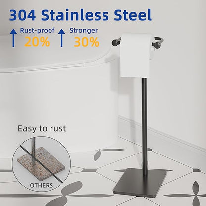 RUACQ Toilet Paper Holder Stand, Bathroom Toilet Paper Roll Holder Free Standing, Toilet Tissue Holder Stand with Post Pivoting Design, Stable Weighted Base, SUS304 Stainless Steel (Matte Black)