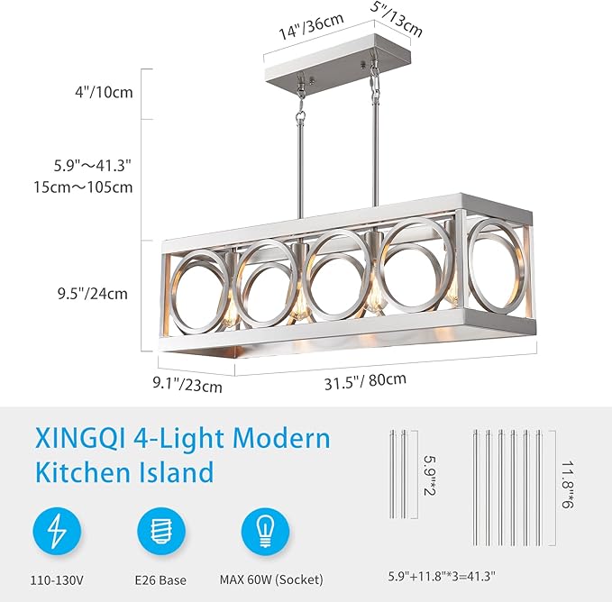 XINGQI Linear Chandelier Brushed Nickel Kitchen Island Light Fixtures 31.5" Rectangle Dining Room Chandeliers, Farmhouse Hanging Large 4-Light Rustic Metal Living Room Office Pendant Lighting