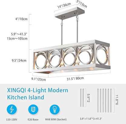 XINGQI Linear Chandelier Brushed Nickel Kitchen Island Light Fixtures 31.5" Rectangle Dining Room Chandeliers, Farmhouse Hanging Large 4-Light Rustic Metal Living Room Office Pendant Lighting