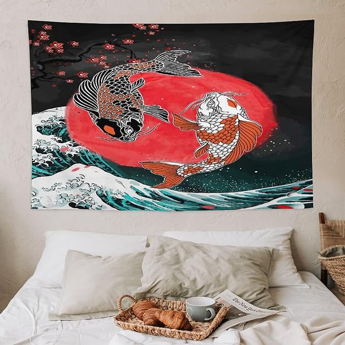 Houselerax Koi Fish Tapestries,Japanese Style Yin Yang Big Wave Cherry Blossoms Tapestry Wall Hanging for Bedroom Living Room Office Decor 60"x40"