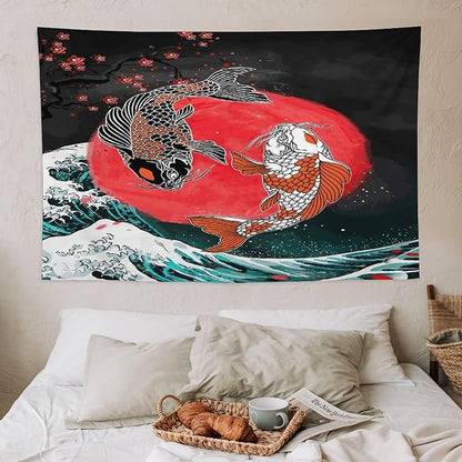 Houselerax Koi Fish Tapestries,Japanese Style Yin Yang Big Wave Cherry Blossoms Tapestry Wall Hanging for Bedroom Living Room Office Decor 60"x40"