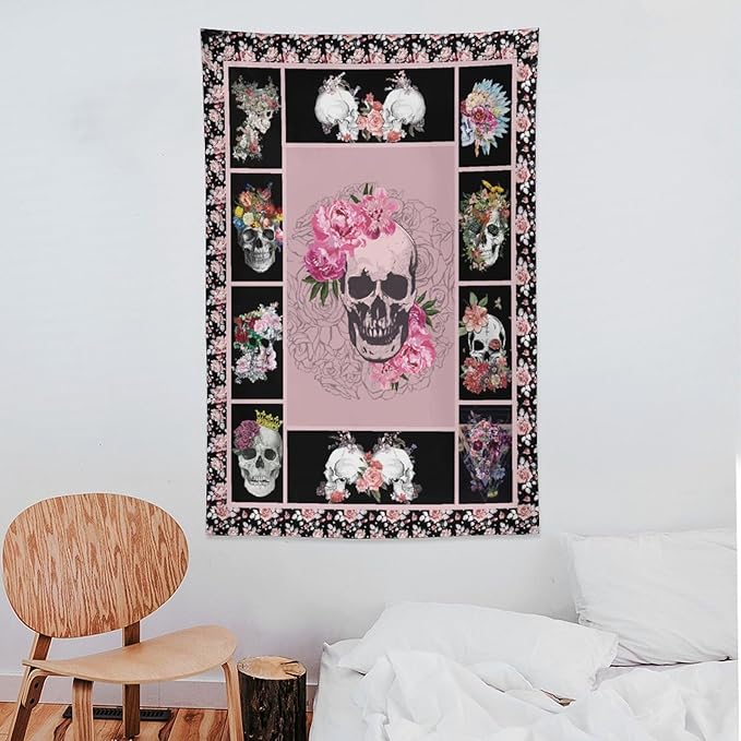 yowecso Sugar Skull Tapestry Horror Skeleton Tapestry Wall Hanging for Bedroom Rose Skull Tapestries Aesthetic Wall Decor for Home Dorm Living Room 40"x60"