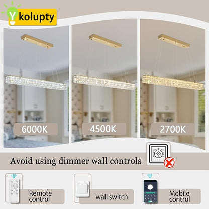 W48 Rectangular Gold Crystal Chandelier Modern Rectangle Pendant Ceiling Light Fixture for Living Room Dining Room Kitchen Island Bar