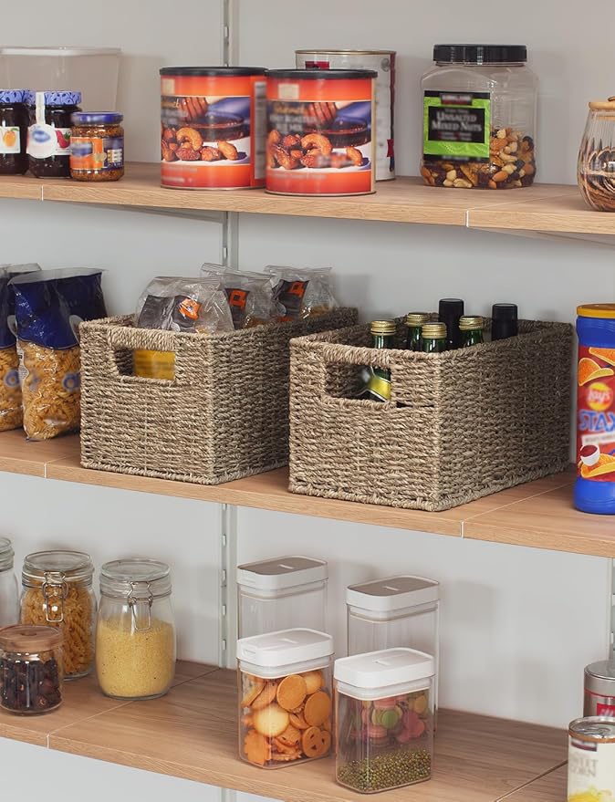 StorageWorks Wicker Storage Basket for Organizing, Medium Seagrass Storage Baskets with Built-in Handles for Pantry, Shelves,2-Pack