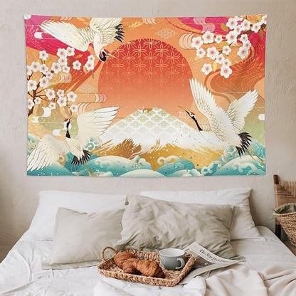 HZOHNAGO Japanese Tapestry Cherry Blossom Crane Sea Wave Fuji Mountain Red Sun Pattern Printed Wall Tapestry Painting Wall Hanging for Bedroom Living Room Dorm 90" W x 60" H