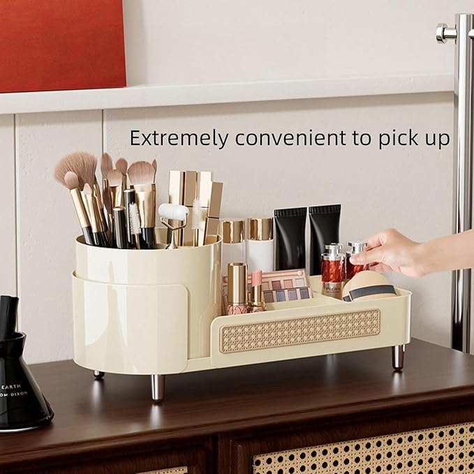 Rotating Makeup Organizer Countertop,Large Capacity Makeup Organizers for Vanity,2 in 1 makeup storage organizer for Bathrooms,Cosmetic Display Case(Cream)