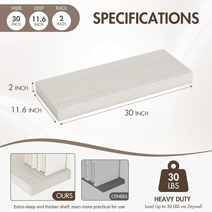 30 Inch Floating Shelves, 12" Deep Floating Shelf Wall Mounted, 30" Wall Shelves, Rustic Deep Bookshelf, Extra Deeper & Thicker Display Shelves for Bedroom, Living Room, Gray, Set of 2