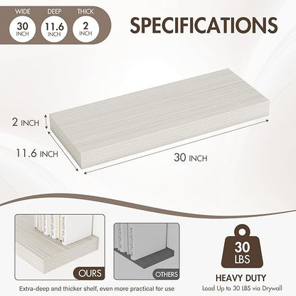 30 Inch Floating Shelves, 12" Deep Floating Shelf Wall Mounted, 30" Wall Shelves, Rustic Deep Bookshelf, Extra Deeper & Thicker Display Shelves for Bedroom, Living Room, Gray, Set of 2