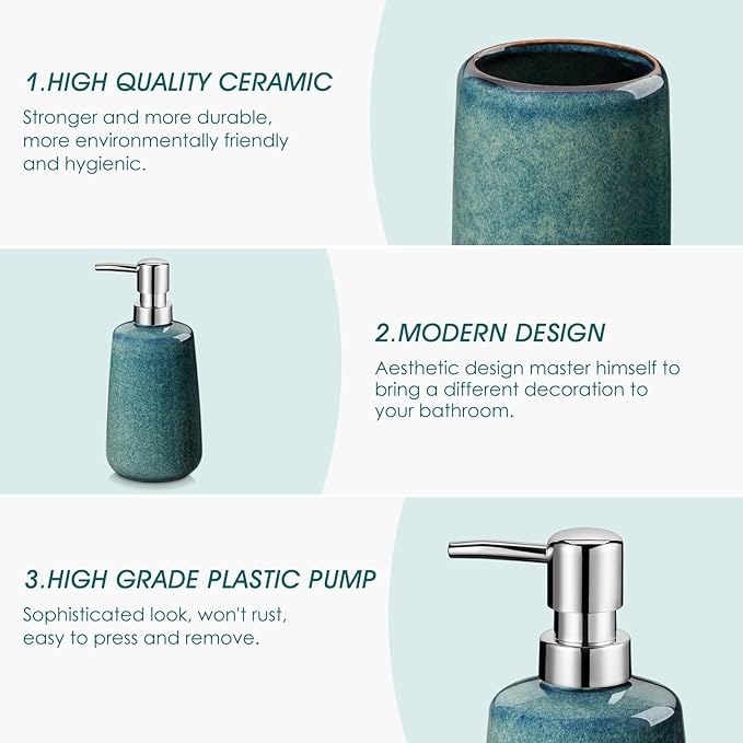 vancasso Green Bathroom Accessories Set, Ceramic Soap Dispenser and Toothbrush Holder Sets, Stoneware 4 Pcs Bathroom Sink Set for Modern Home Decor, Series Starry