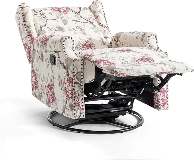 UIXE Swivel Rocker Manual Recliner Chair, Wingback Swivel Glider Fabric Nursery Reclining Sofa Chair, High Back Upholstered Arm Chair for Living Room Bedroom - Beige Floral