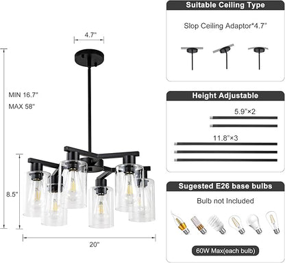 6-Light Black Modern Farmhouse Chandelier for Dining Room Ceiling Light Fixture with Clear Glass Shades, Adjustable Hanging Industrial Pendant Lighting for Living Room Kitchen Island Bedroom Entryway
