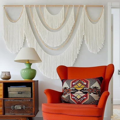 Flber Large Macrame Wall Hanging – Boho Yarn Art Garland with Tassels and Beads, Handmade Rope Decor for Nursery, Party, Wedding, Bedroom, Fireplace Mantel, or Photo Backdrop 57" W x 41" L
