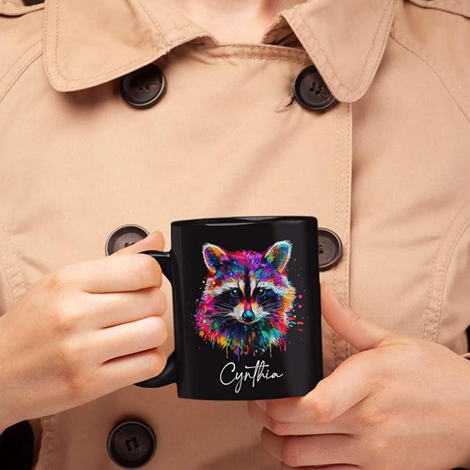 Colorful Raccoon Black Mug, Custom Choose Name Raccoon Coffee Cup, Gift For Men Women, Personalized Animal Lover Ceramic Mug, Customized Animal Design Cup 11oz 15oz