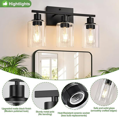 3 Light Bathroom Light Fixtures, Matte Black Modern Vanity Lights with Clear Glass Shade, Bathroom Wall Lamp for Mirror Kitchen Living Room Hallway Cabinet Porch