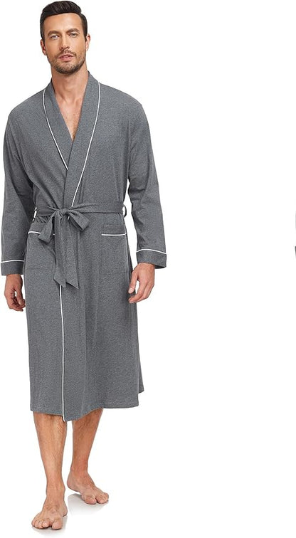 COLORFULLEAF Mens 100% Cotton Robes Lightweight Summer Long Bathrobe Sleepwear Soft Knit Spa Robe with Pockets