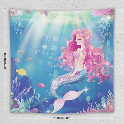 HZOHNAGO Mermaid Girls Tapestry Watercolor Mermaid Princess Pink Hair Pattern for Kids Room Decoration Printed Wall Tapestry Wall Hanging for Bedroom Living Room Dorm 60" W x 60" H