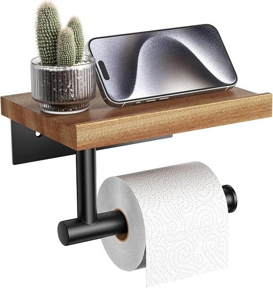 Tindbea Toilet Paper Holder with Wood Shelf, Wooden Wall Mount Tissue Paper Roll Holder, Matte Black Stainless Steel Bathroom Accessories Decor for Home (Sapele, Matte Black)