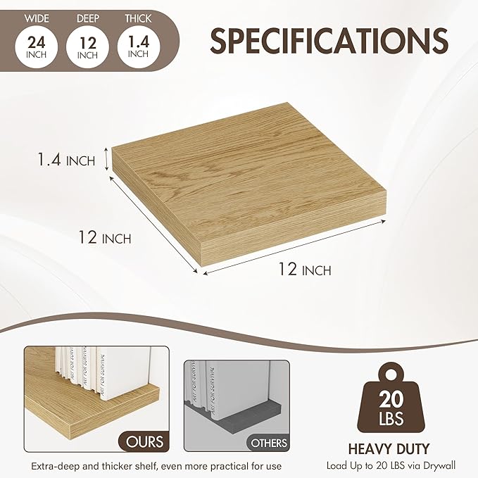 12 Inch Floating Shelves, 12" Deep Floating Shelf Wall Mounted, 12" Wall Shelves, Rustic Deep Bookshelf, Extra Deeper Display Shelves & Storage Shelves for Bedroom, Living Room, Set of 3
