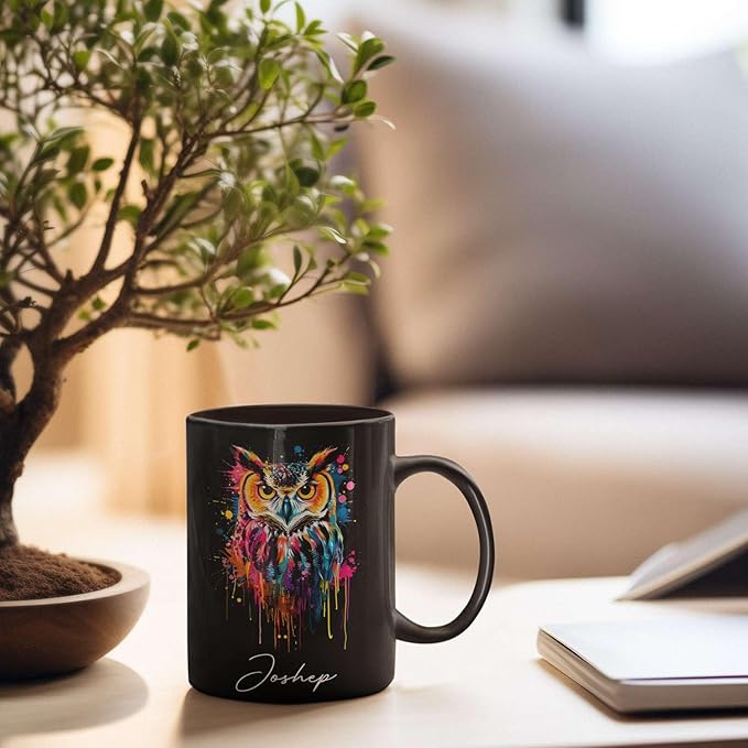 Personalized Name Owl Animal Coffee Mug, Custom Owl Black Cup, Gift For Men Women, Unique Colorful Owl Mug, Animal Cup For Owl Lovers, Customized Owl Ceramic Mug 11oz 15oz, Owl Cup