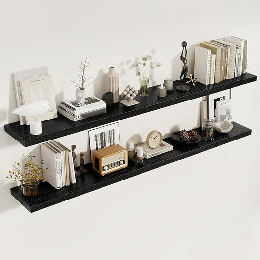 72 Inch Floating Shelves for Wall, 8 Inch Deep Floating Shelf, Large Shelves with Invisible Bracket for Books|Storage, Rustic Wood Wall Shelf for Bedroom, Kitchen, Living Room, Black