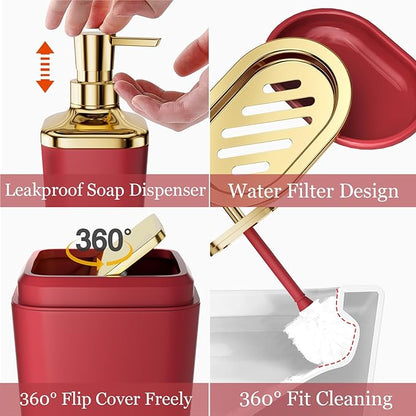 Dark Red Bathroom Accessory Set, 9-Piece Burgundy Bathroom Set with Trash Can, Toothbrush Holder, Toothbrush Cup,Soap Dispenser,Soap Dish,Toilet Brush Holder,2 Qtip Holder Dispensers and Tray