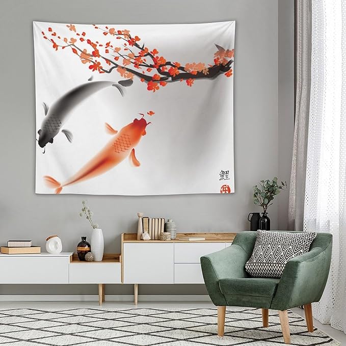 Houselerax Japanese Koi Fish Tapestry, Cherry Blossoms Asian Oriental Flower Branch Koi Fish Carp Tapestries Wall Hanging for Bedroom Living Room Office Decor 60"x50"