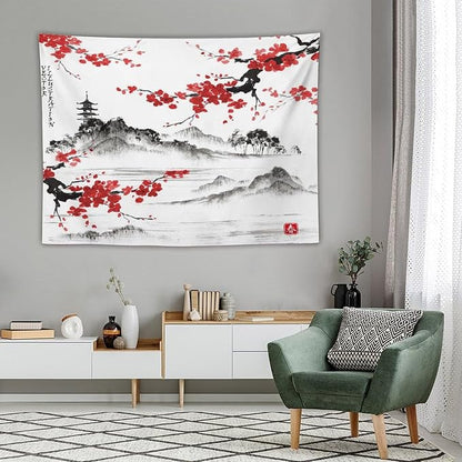 Cherry Blossoms Tapestry, Japanese Fuji Mountain Tapestry, Asian Japanese Wall Tapestry, Nature Landscape Tapestries for Bedroom Living Room Decor 80"x60"