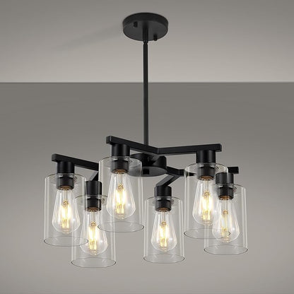 6-Light Black Modern Farmhouse Chandelier for Dining Room Ceiling Light Fixture with Clear Glass Shades, Adjustable Hanging Industrial Pendant Lighting for Living Room Kitchen Island Bedroom Entryway