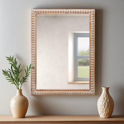 Farmhouse Bathroom Mirror 22x30 Inch - Rectangular Wall Mirrors with Wood Frame & Beaded Design - Distortion-Free Glass, Horizontal/Vertical Mount or Freestanding