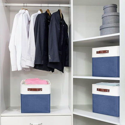 Collapsible Fabric Storage Cubes 11x11 Cube Storage Bins, 4 Pack Closet Baskets Box with Handles for Organizing, Shelf, Toys, Clothes, Home, Office, Nursery (Navyblue&White)