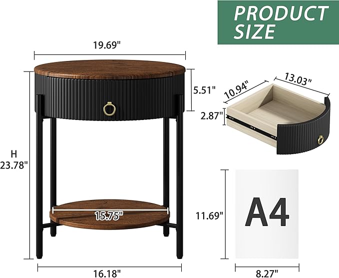OIOG Modern Side Table with Drawer, Industrial 2 Tier End Table with Shelf, Wood Grain Nightstand with Storage for Living Room, Bedroom, Office, Dorm, Black
