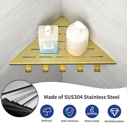10‘’ Corner Shower Shelf, 304 Stainless Steel Shelves for Bathroom, Grout in Shelf with Hooks for Tiled Wall (Gold)