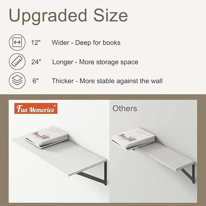 Deep Floating Shelves, 12 Inch Deep Floating Shelves for Wall, 24"W x 12"D Wall Shelves for Books, Rustic White Wooden Shelves, Large Wide Display Shelf for Bathroom, Living Room, Bedroom, Set of 2