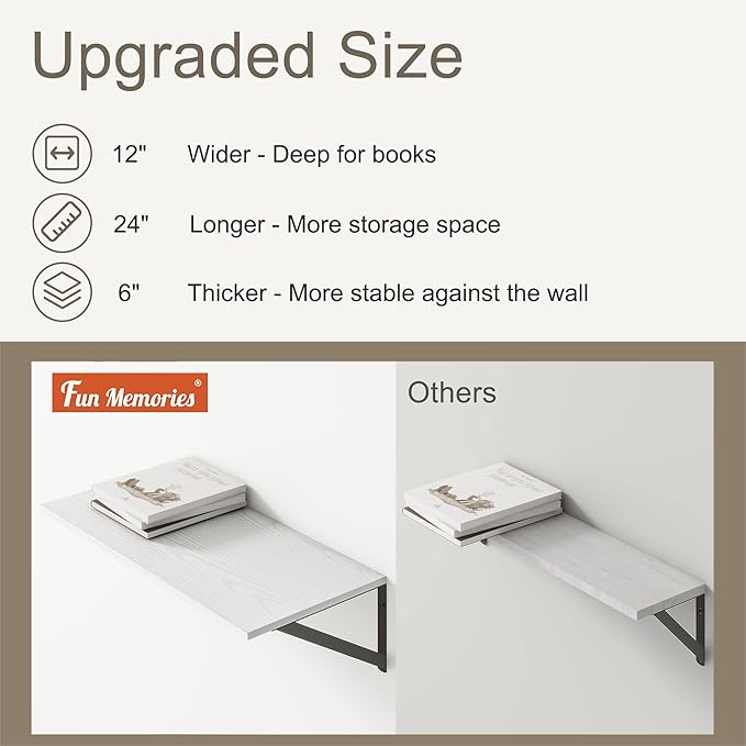 36"W x 12"D Floating Shelves, White Deep Floating Shelves for Wall with Brackets, 12 Inch Deep Wall Shelves for Books, Wide Display Storage Shelves for Bathroom, Living Room, 36 Inch Long, Set of 2