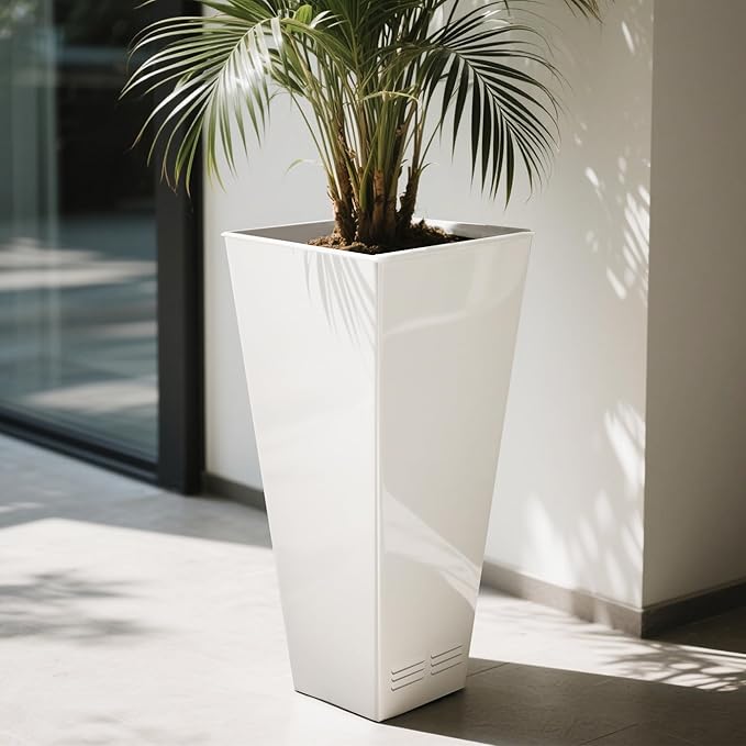 Worth Garden 28" H. Large Metal Glazed Planter Set of 2, Modern Glossy Finish White Tall Square Tapered Steel Flower Plant Pots for Indoor & Outdoor Use - Insert Plate with Drain Holes, Air Vents