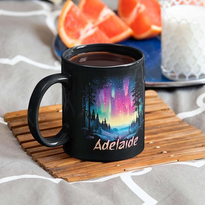 Personalized Winter Landscape Coffee Mug, Custom Northern Lights Ceramic Cup, Enchanted Forest With Vibrant Sky Mug, Custom Choose Name Black Mug 11oz 15oz, Gift For Nature Lovers