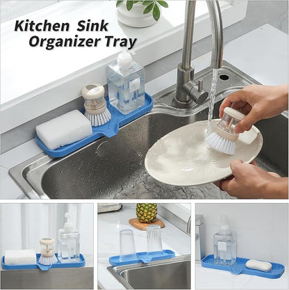 Silicone Bathroom Soap Dishes with Drain Spout-Bathroom and Kitchen Sink Organizer,Sponge Holder,Dish Soap Tray,Perfect for Dispenser,Scrubber,Bottle,Cup on Sink or Counter-Lichen Blue 12"×4"