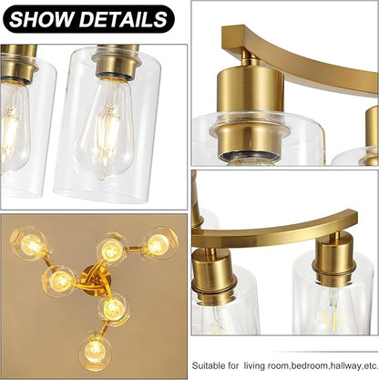6-Light Gold Chandeliers for Dining Room, Modern Kitchen Island Light Fixtures Over Table, Metal Hanging Pendant Lighting for Living Room Stairwell Entryway Bedroom, Clear Glass Shade