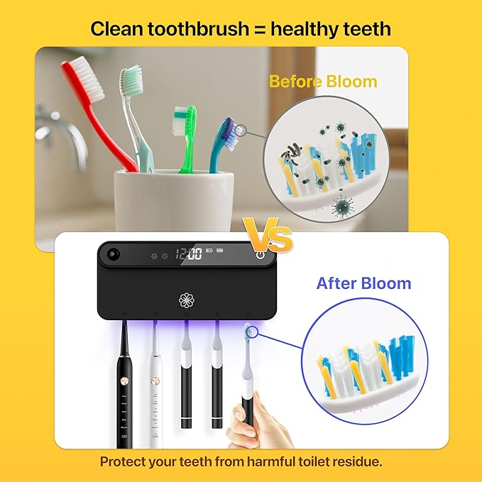 Bloom Wall Toothbrush Holder for Bathrooms, Toothbrush Sanitizer, Strong 3M Adhesive, Time Display, Long-Lasting Charge, 5 Slots for Any Size Toothbrush, Black