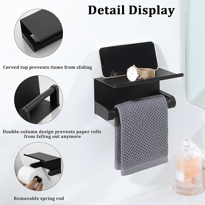 Alise Black Toilet Paper Holder,Bathroom Adhesive Toilet Paper Holder SUS304 Stainless Steel Toilet Paper Roll Holder with Shelf Spring Loaded Tissue Holder Wall Mount(Adhesive or Screw)