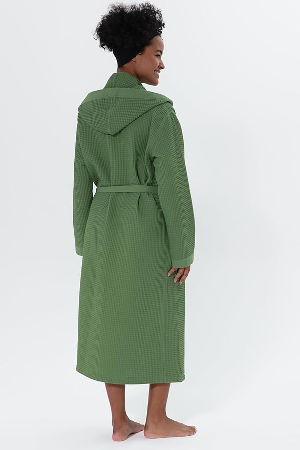 Women’s Luxury Waffle Shawl Collar, Hooded Robe w Piping – Lightweight, Long, Ultra Soft Spa Sleepwear Bathrobe