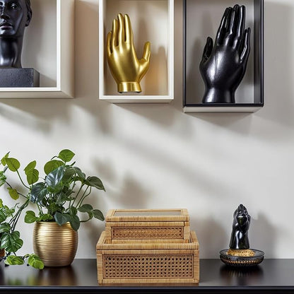 Rattan Box for Home Decor with Lid - Rectangular Coastal Bohemian Style Stackable Decorative Storage Box Set - Handmade from Natural Rattan, Cedar & Real Glass