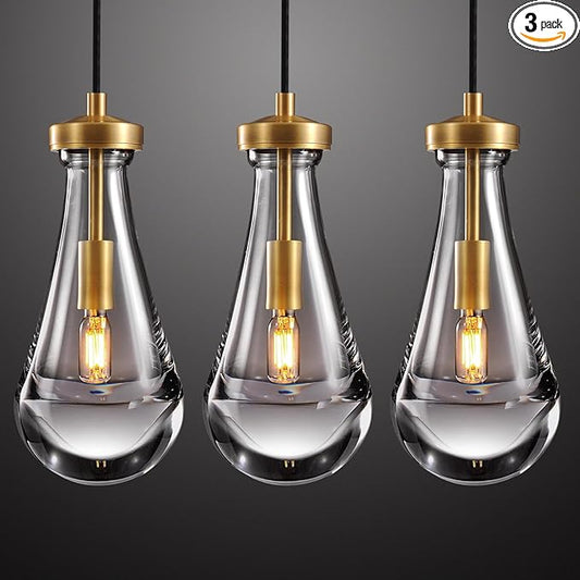 Raindrop Pendant Lights Set of 3, Pendant Lights Kitchen Island 3 Pack, Teardrop Glass Pendant Lights for Bedroom Bathroom, Island Lights, Chandelier for Living Room Hallway, Bulb Included