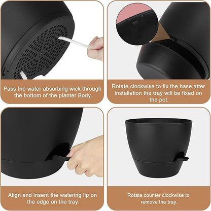 Plant Pots 10/9/8/7.5/7 Inch Self Watering Pots, Set of 5 Plastic Planters with Drainage Holes and Saucers,Plastic Flower Pots,Nursery Planting Pot for Indoor Out Door Plants(All Black)