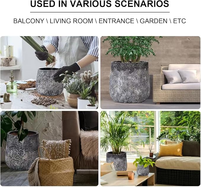 Craft flowerpots 18"+13"+19" Dia Round Concrete Planter Set of 3 Large Outdoor/Indoor Planter Pots Containers with Drainage Holes and Rubber Plug for Home Garden (Dark Gray, Large)