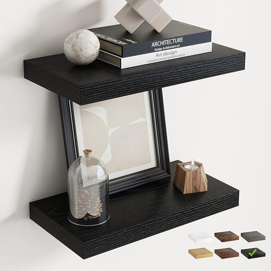 16 Inch Floating Shelves for Wall Set of 2, 8"D Wood Grain Bathroom Shelves with Invisible Brackets, Easy Install Engineered Wood Storage Shelves for Kitchen, Living Room, Bedroom, Black Finish