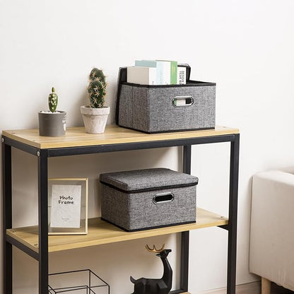 PRANDOM Storage Bins with Lids [3-Pack] Linen Fabric Foldable Storage Boxes Organizer Containers Baskets Cube with Cover for Home Bedroom Closet Office Nursery Grey（11.4X8.6X6.7