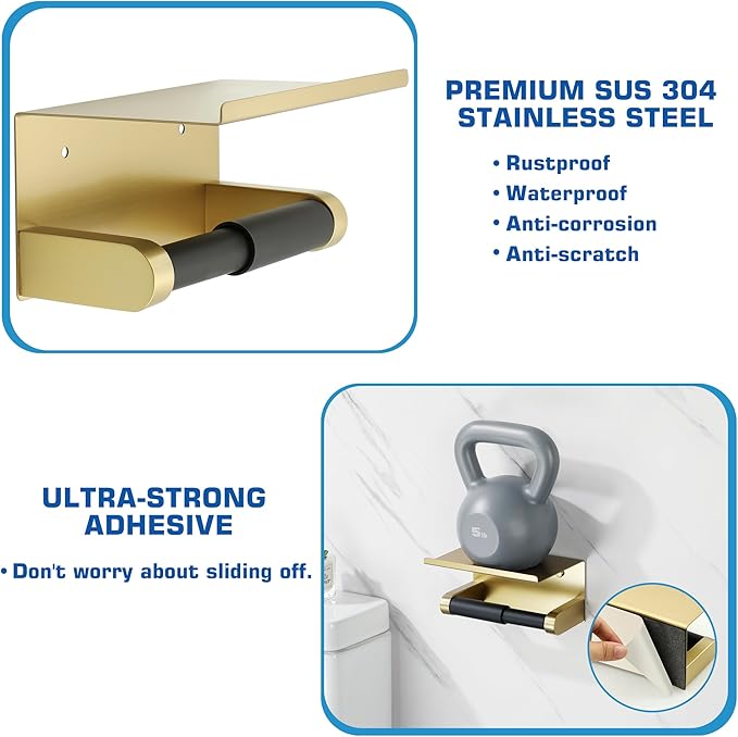 Alise Toilet Paper Holder Adhesive Toilet Paper Roll Holder SUS304 Stainless Steel Toilet Paper Holder with Shelf Spring Loaded Tissue Holder Wall Mount(Adhesive or Screw),Gold and Black Finish