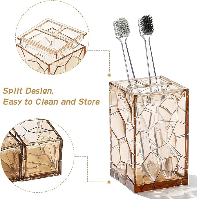 Clear Acrylic Bathroom Accessories Set - Rust-Free, Transparent Design - Includes Soap Dispenser, Toothbrush Holder, Cup, Soap Dish, and Toilet Brush 5-Piece (Brown)