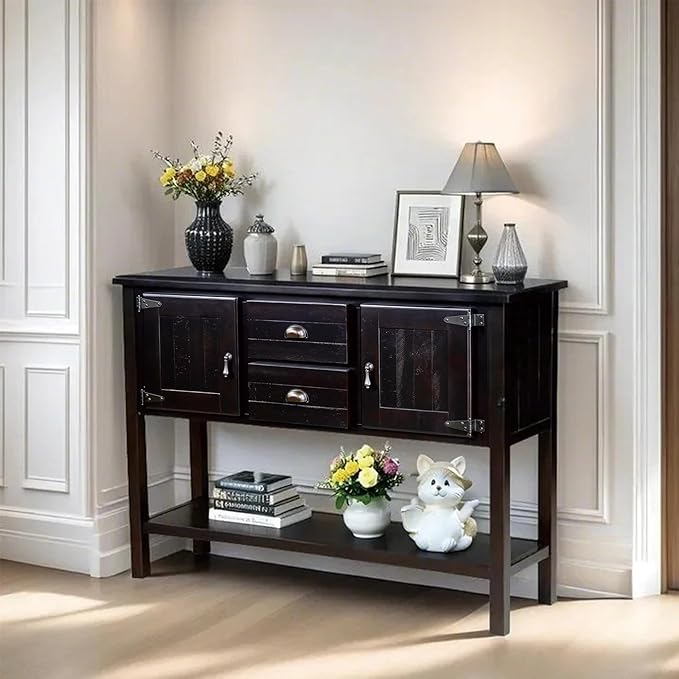 Solid Wood Farmhouse Console Table,Sofa Table with Storage Drawers and Shelves,Entryway Table for Entry Hallway Foyer Sofa Side Table,Fully Assembled(48" Espresso)